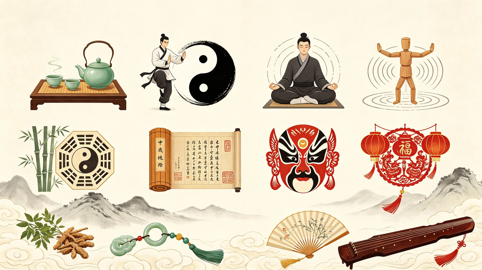 Chinese traditional culture: tea, Tai Chi, calligraphy, opera, folk customs and music