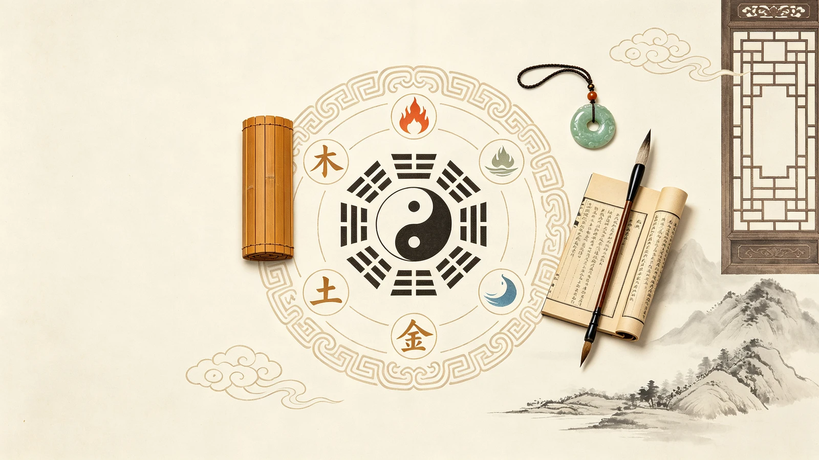 Traditional philosophy, yin and yang, calligraphy and jade