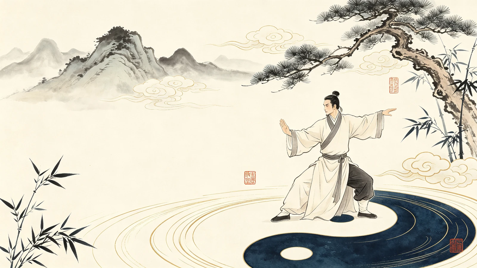 Tai Chi practice beneath pine trees in a traditional landscape