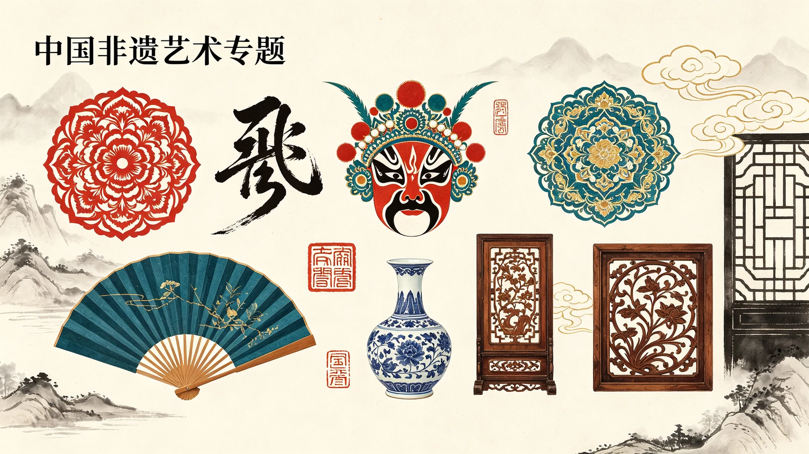 Chinese heritage arts including paper cutting, opera, embroidery, porcelain and wood carving