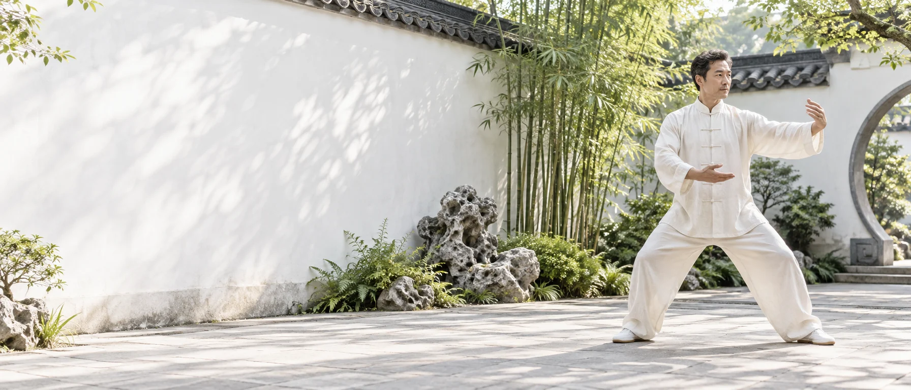 A Tai Chi practitioner in a bright traditional Chinese garden courtyard