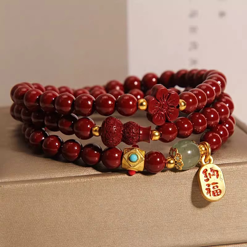 Multi-circle Cinnabar Gourd Five Petal Flower Bracelet‘East Asian Traditional Spiritual Jewelry - Image 2