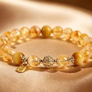 Natural Citrine Tiger Eye Bracelet Round Beaded Chain Wealth Career Energy Jewelry For Women