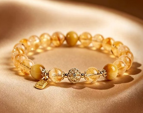 Natural Citrine Tiger Eye Bracelet Round Beaded Chain Wealth Career Energy Jewelry For Women