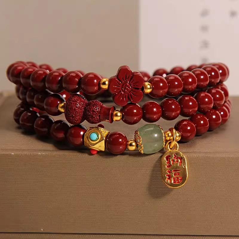 Multi-circle Cinnabar Gourd Five Petal Flower Bracelet‘East Asian Traditional Spiritual Jewelry