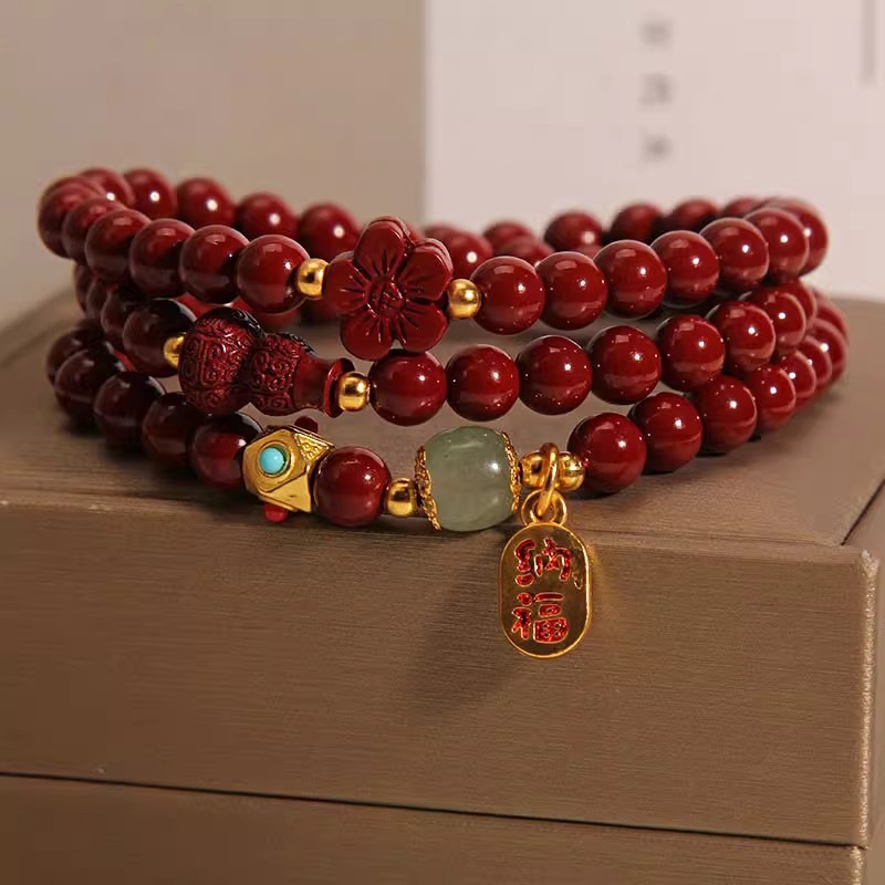 Multi-circle Cinnabar Gourd Five Petal Flower Bracelet‘East Asian Traditional Spiritual Jewelry - Image 4