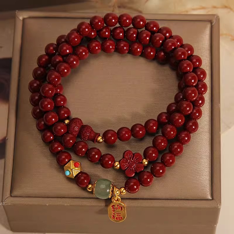 Multi-circle Cinnabar Gourd Five Petal Flower Bracelet‘East Asian Traditional Spiritual Jewelry - Image 3