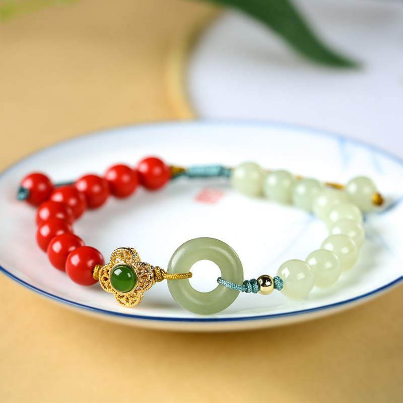 Hetian Gray Jade Safety Buckle Birth Year Cinnabar Bracelet