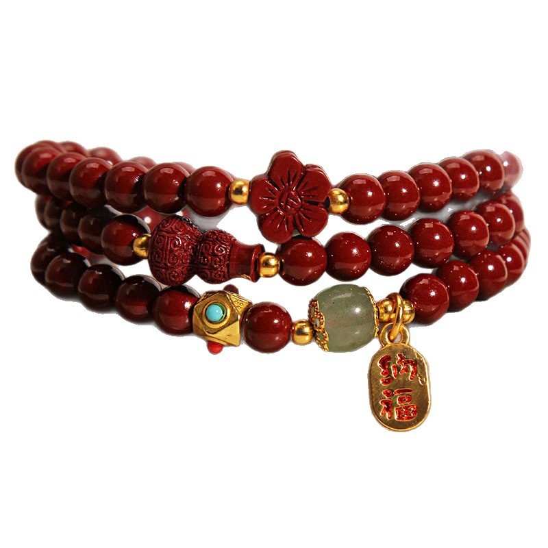 Multi-circle Cinnabar Gourd Five Petal Flower Bracelet‘East Asian Traditional Spiritual Jewelry - Image 6