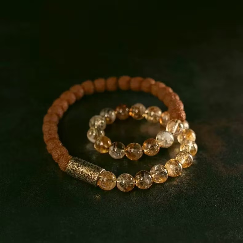 Natural Citrine Rudraksha Bracelet Brass Bead Multi Layer Chain Unisex Wealth Energy Jewelry