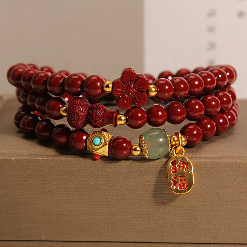 Multi-circle Cinnabar Gourd Five Petal Flower Bracelet‘East Asian Traditional Spiritual Jewelry - Image 5